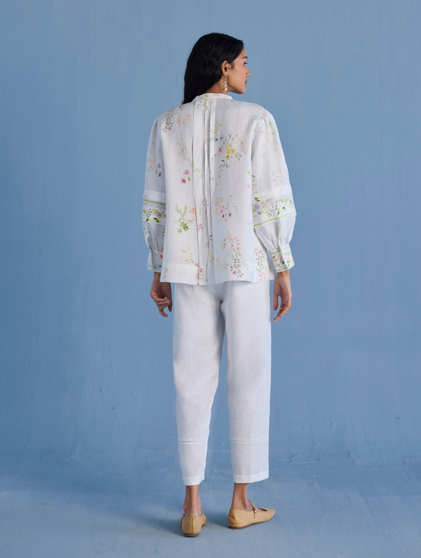 Akavi Pleated Floral Linen Co-ord Set - White