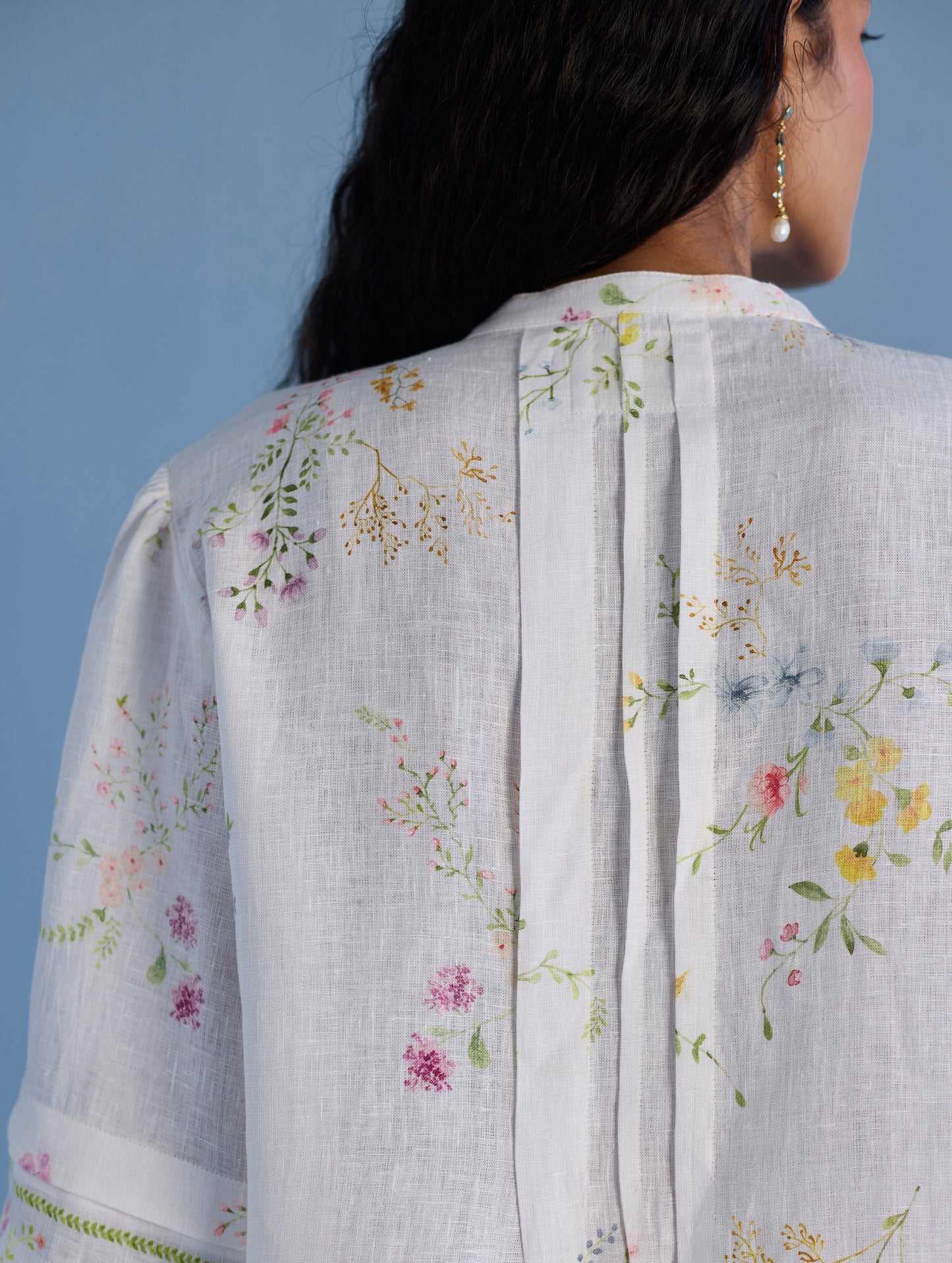 Akavi Pleated Floral Linen Co-ord Set - White