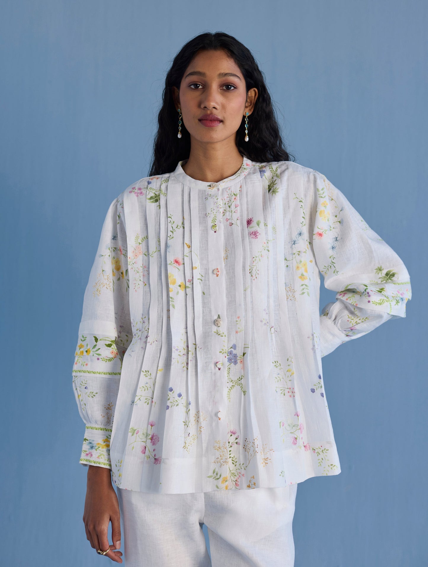 Akavi Pleated Floral Linen Co-ord Set - White