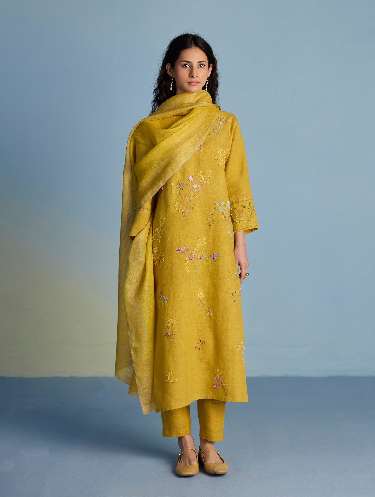 Emra Hand-Embroidered Linen Kurta Set - Ochre