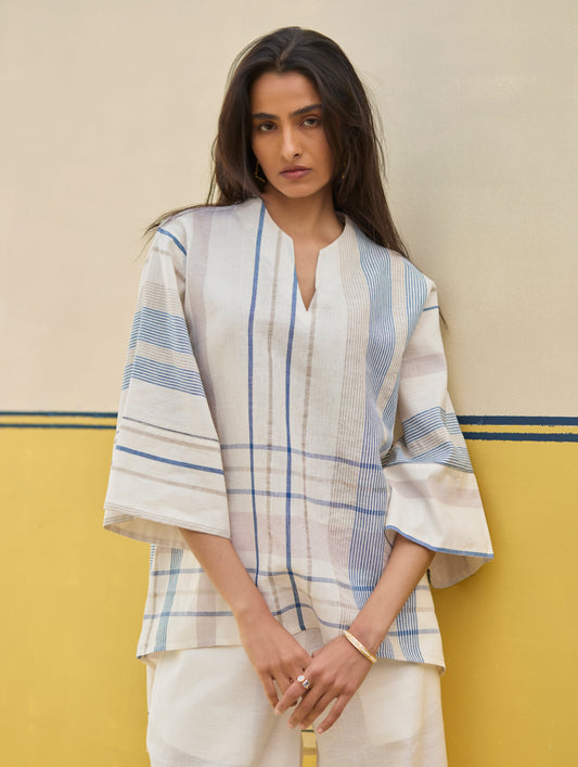 Kira Check Linen Top - Ivory