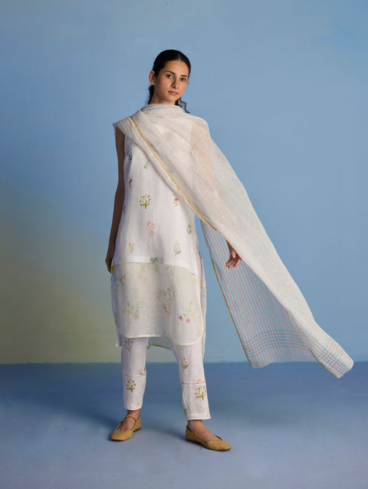 Aneya Patchwork Floral Linen Kurta Set - White